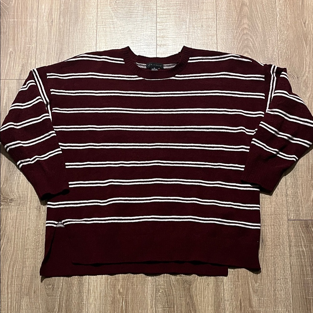 Sanctuary Anthropologie Burgundy and White Striped Crewneck Sweater Size XL
